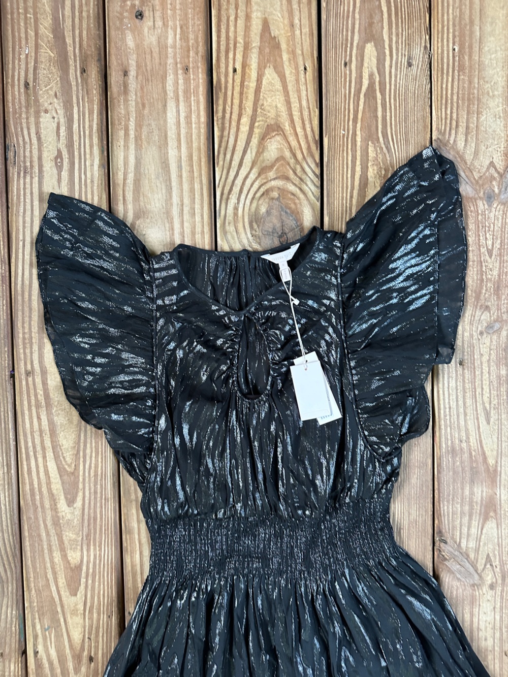 NWT Rebecca Taylor Short Sleeve Safari Dress Metallic Silk Black Size 8 - Picture 4 of 14